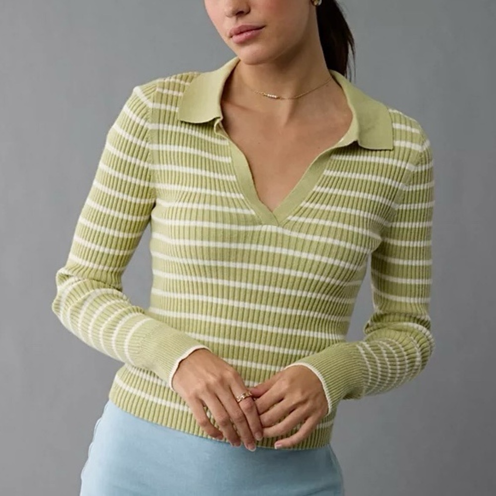 American Eagle Long-Sleeve Striped Collared Polo Sweater